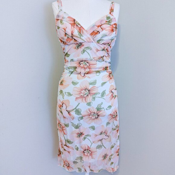 Jessica Dresses & Skirts - Vintage Y2K Floral Bodycon Dress Ruched Mesh Fairycore Coquette Babydoll Sz 6